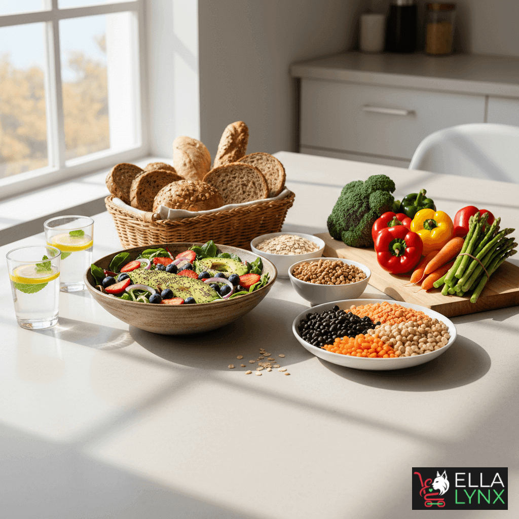 A vibrant and healthy spread of fiber-rich foods on a modern kitchen table, featuring a colorful salad with avocado, a basket of whole-grain breads, bowls of lentils and legumes, and fresh vegetables under bright natural sunlight.