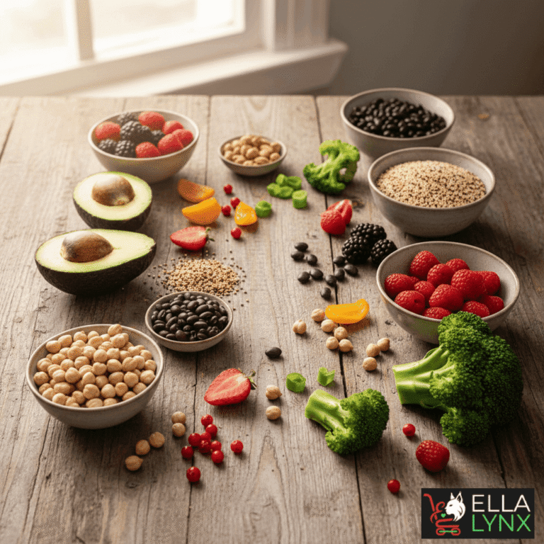Fiber-rich healthy foods including whole grains, legumes, and fresh salad on a sunlit table.
